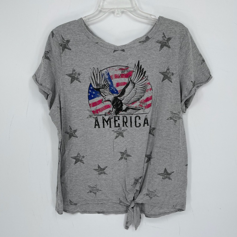 Hybrid Women's Gray Eagle Star Graphic Tie Front Patriotic T-Shirt Plus Size 2XL